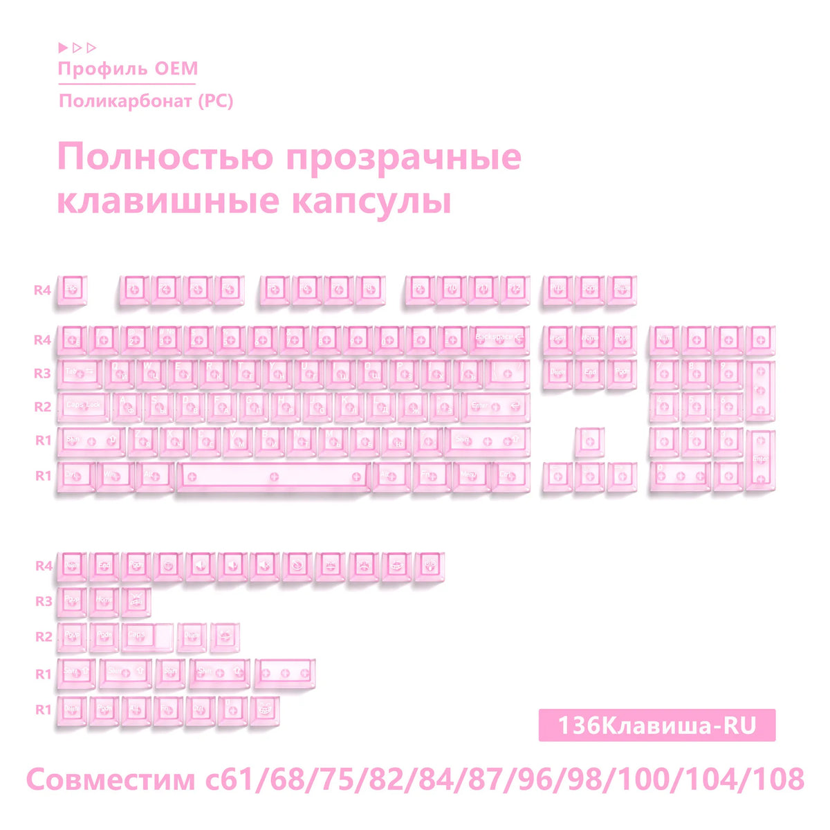 136-Key Transparent Multilingual Keycap Set for Mechanical Keyboards — EN/JP/RU/KR PC Compatible