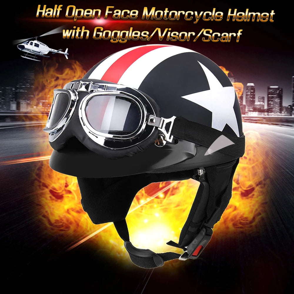 Retro Vintage Half-Face Motorcycle Helmet with Visor & UV Goggles - Unisex Fit 54-60 cm (21.3-23.6 in)