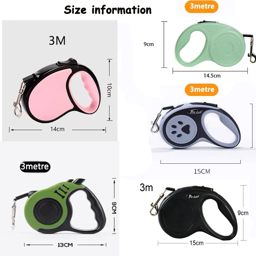 Retractable Dog Leash 3m/5m (9.8ft/16.4ft) Nylon Rope with Quick-Release ABS Case and Paw Print Keychain