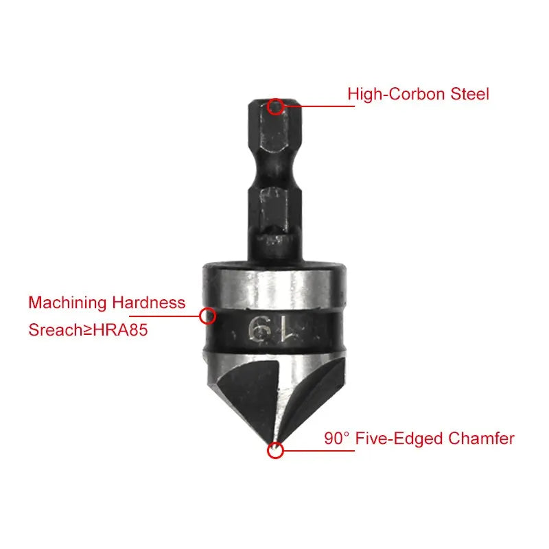 3-Piece 90° Five-Blade Countersink Bit Set - Hex Shank 12/16/19mm (1/4 in / 6.35mm) for Wood