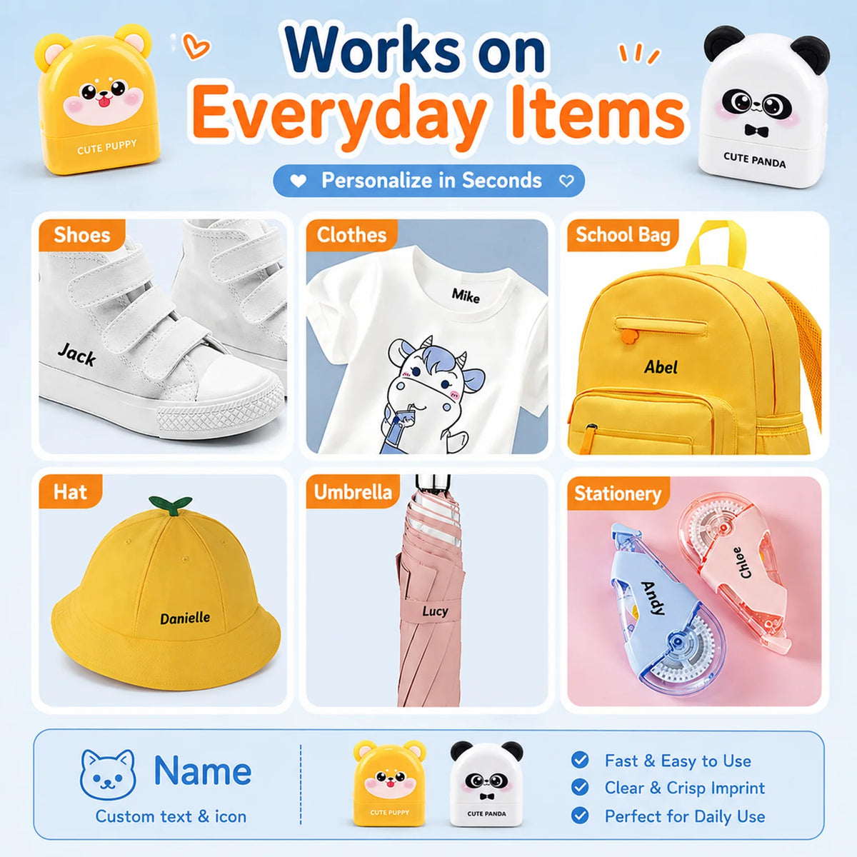 Personalized Waterproof Name Stamp for Kids – Self-Inking Clothing & School Bag Labels