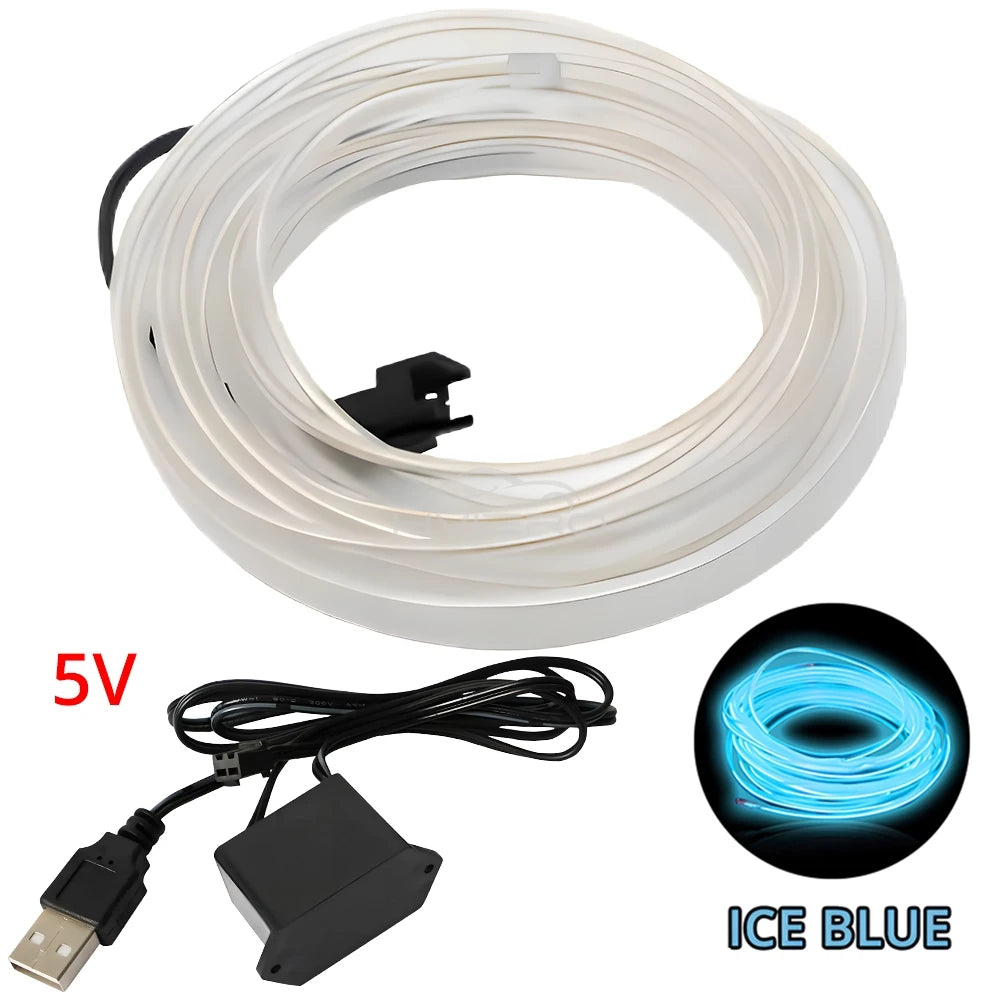 Car Interior LED Strip Light 1/2/3/5M – Flexible Neon Rope USB & 12V Ambient Door Dashboard Lighting