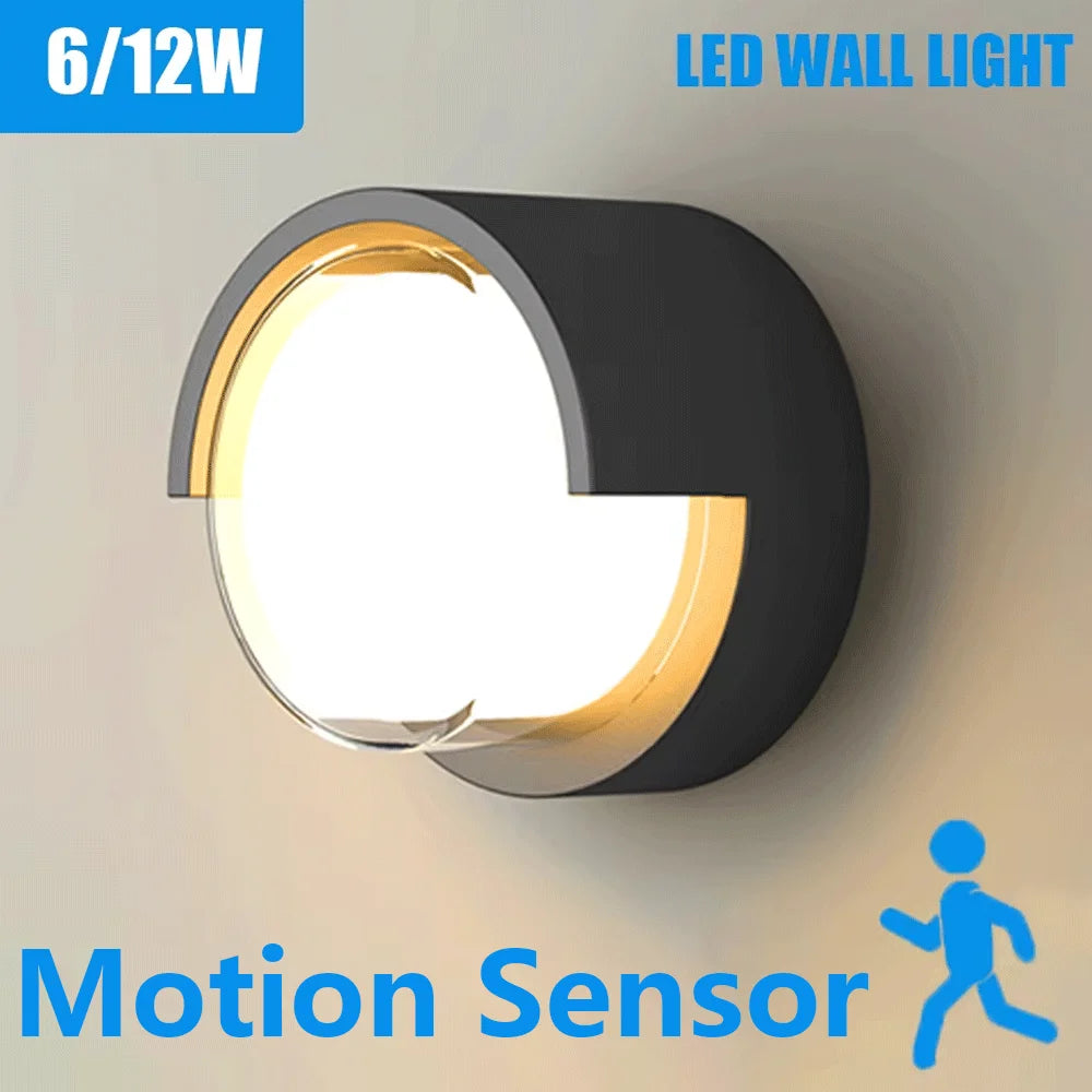LED Wall Lamp with Radar Motion Sensor – 6W/12W AC85-265V, Warm & Cold White, IP66 Indoor/Outdoor