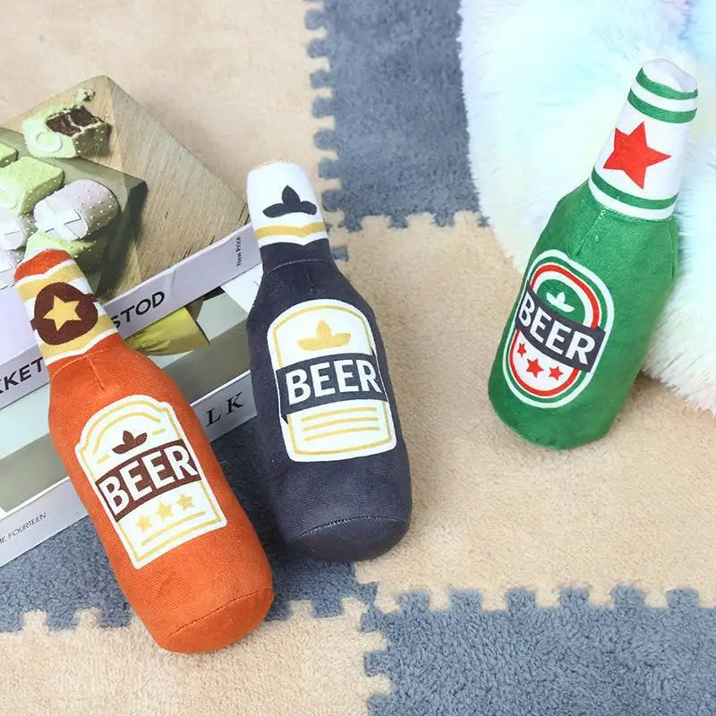 Plush Beer Bottle Dog Chew Toy - Squeaky, Bite-Resistant Interactive Toy for Small to Large Dogs, Teeth Cleaning