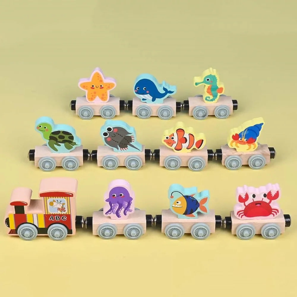 Wooden Magnetic Train Toy Set – Animal & Fruit Educational Building Blocks for Ages 3+