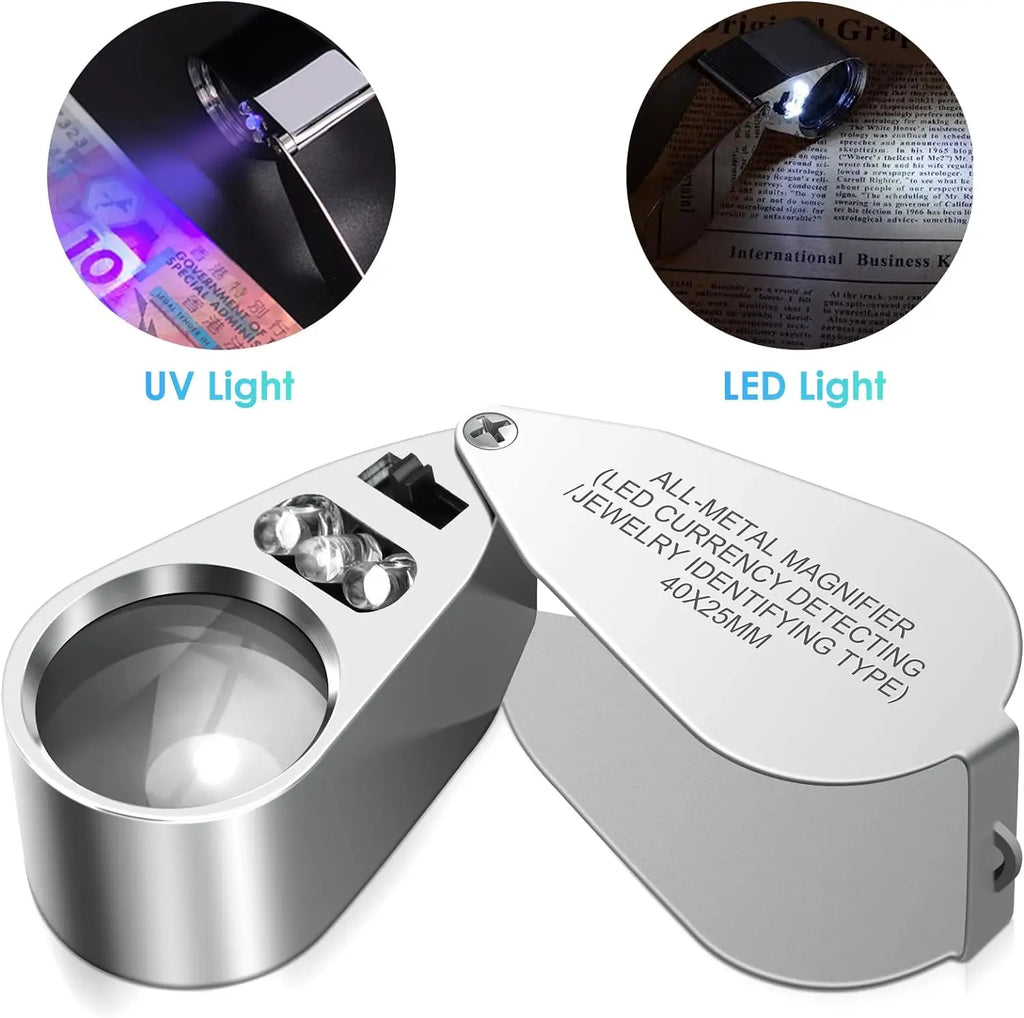 40X Jeweler Loupe Magnifier with LED & UV Light - Foldable Pocket Magnifying Glass for Jewelry Coins Stamps