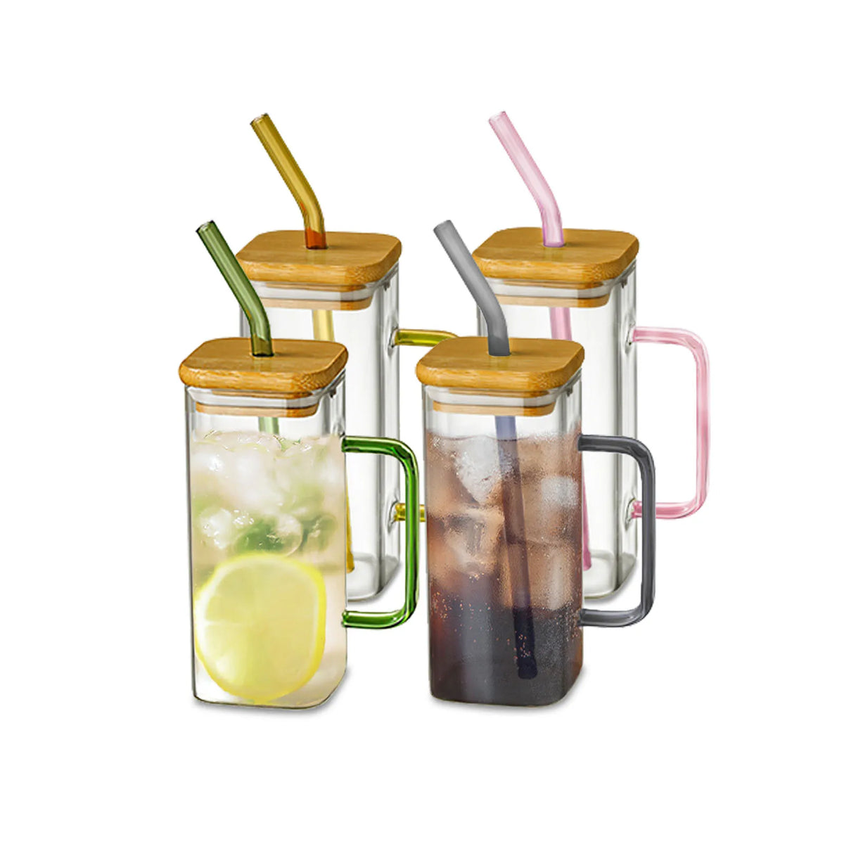 400ml (13.5 oz) Square Glass Mug with Lid and Straw — Microwave Safe Coffee, Milk & Party Drinkware