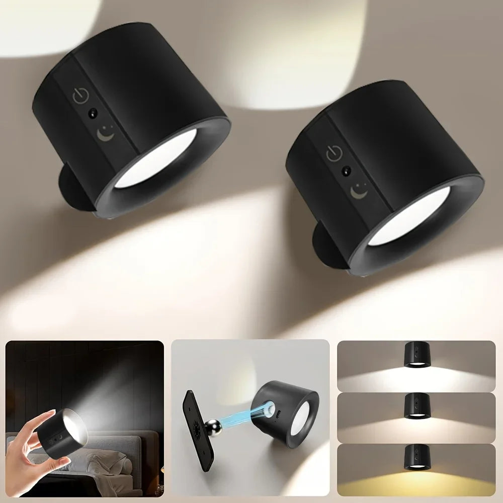 Double-Head Magnetic LED Wall Lamp Rechargeable 360° Rotating Dimmable Spotlight with Wireless Remote for Bedroom and Living Room