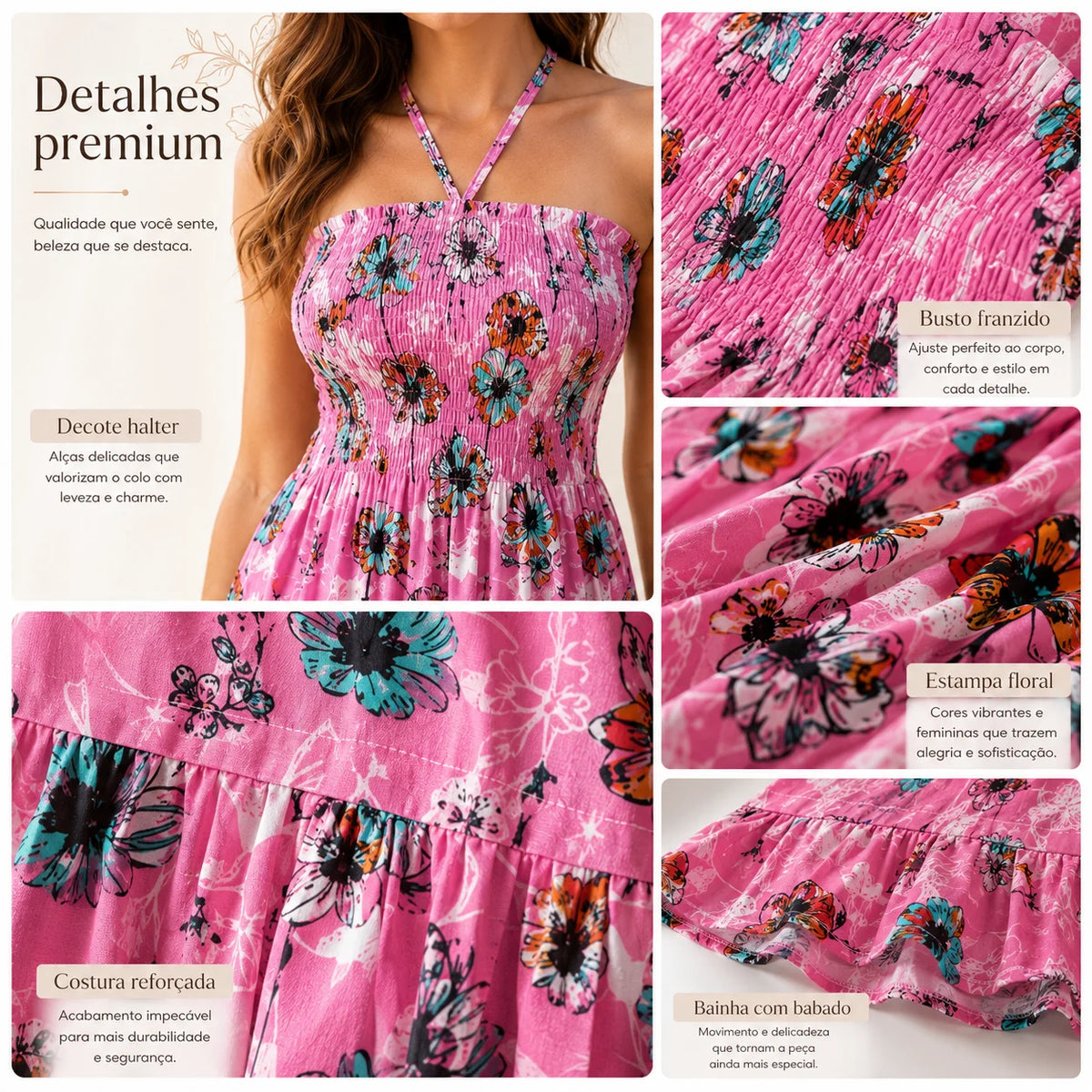 Women's Summer Floral Halter Neck Sundress Boho Smocked Backless Ruffle Beach Mini Dress