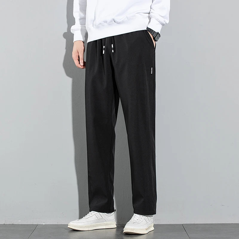 Ice Silk Men's Summer Pants - Breathable Elastic Straight-Leg Business Casual Trousers (Black, Gray)