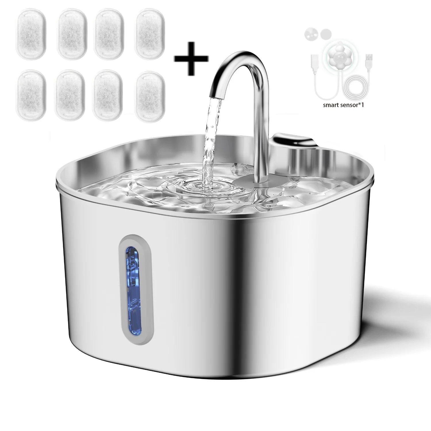 Stainless Steel Cat Water Fountain 2.2L (74 fl oz / 0.58 gal) Filtered Pet Water Dispenser with Ultra-Quiet Pump for Cats & Small Dogs