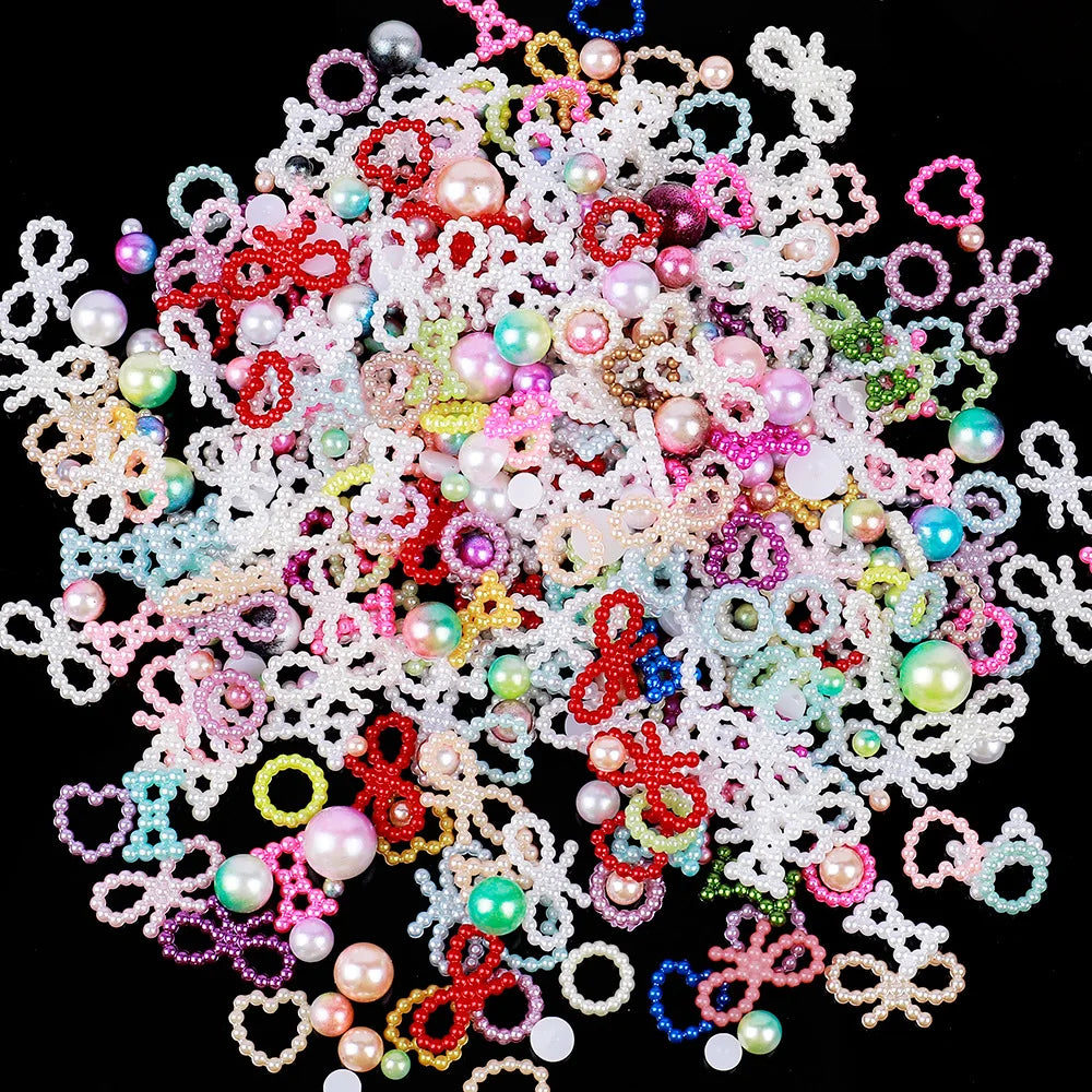 500pcs White Nail Charms & Pearls — Mixed Shapes (Heart, Bowknot, Star, Teardrop) Rhinestones for Nail Art & DIY Crafts