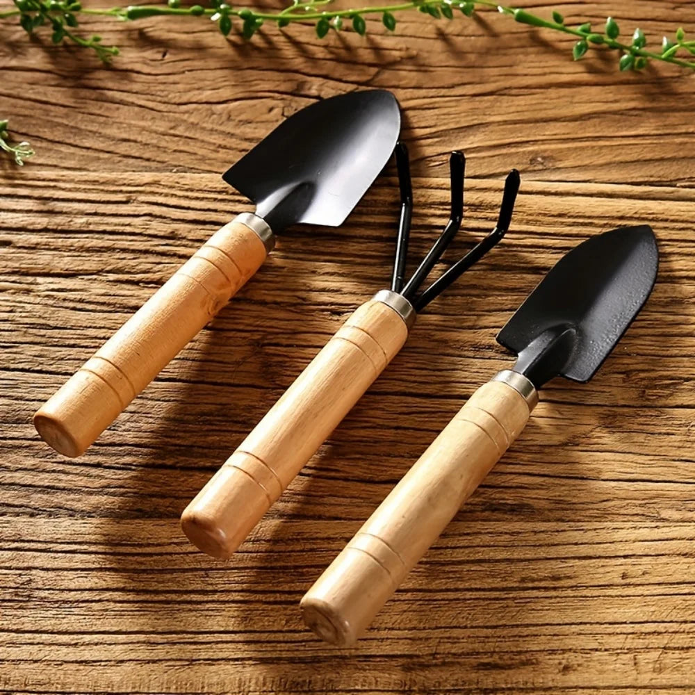 3-Piece Mini Garden Tool Set – Wooden Handle Trowel, Wide Shovel & 3-Tine Rake for Potting, Succulents & Balcony Plants
