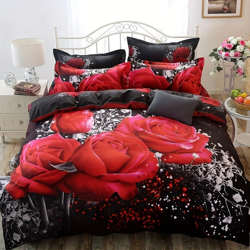 2/3-Piece Red Rose Print Microfiber Duvet Cover Set – Soft Bedding (Duvet Cover + 1/2 Pillowcases, No Insert)