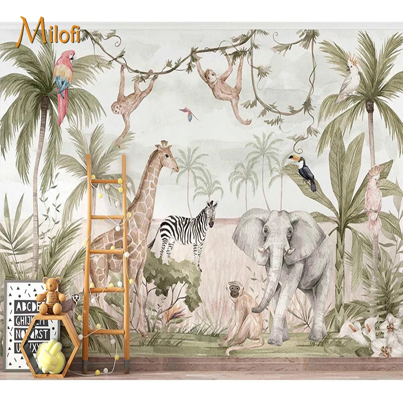 Custom Watercolor Jungle Animal Peel-and-Stick Wall Mural - Giraffe Elephant Zebra Nursery & Kids Wallpaper