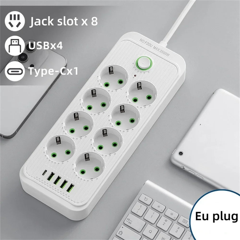 2M EU Plug Power Strip Surge Protector — Multi Outlet Extension Cord with 4 USB Ports & USB-C Fast Charging