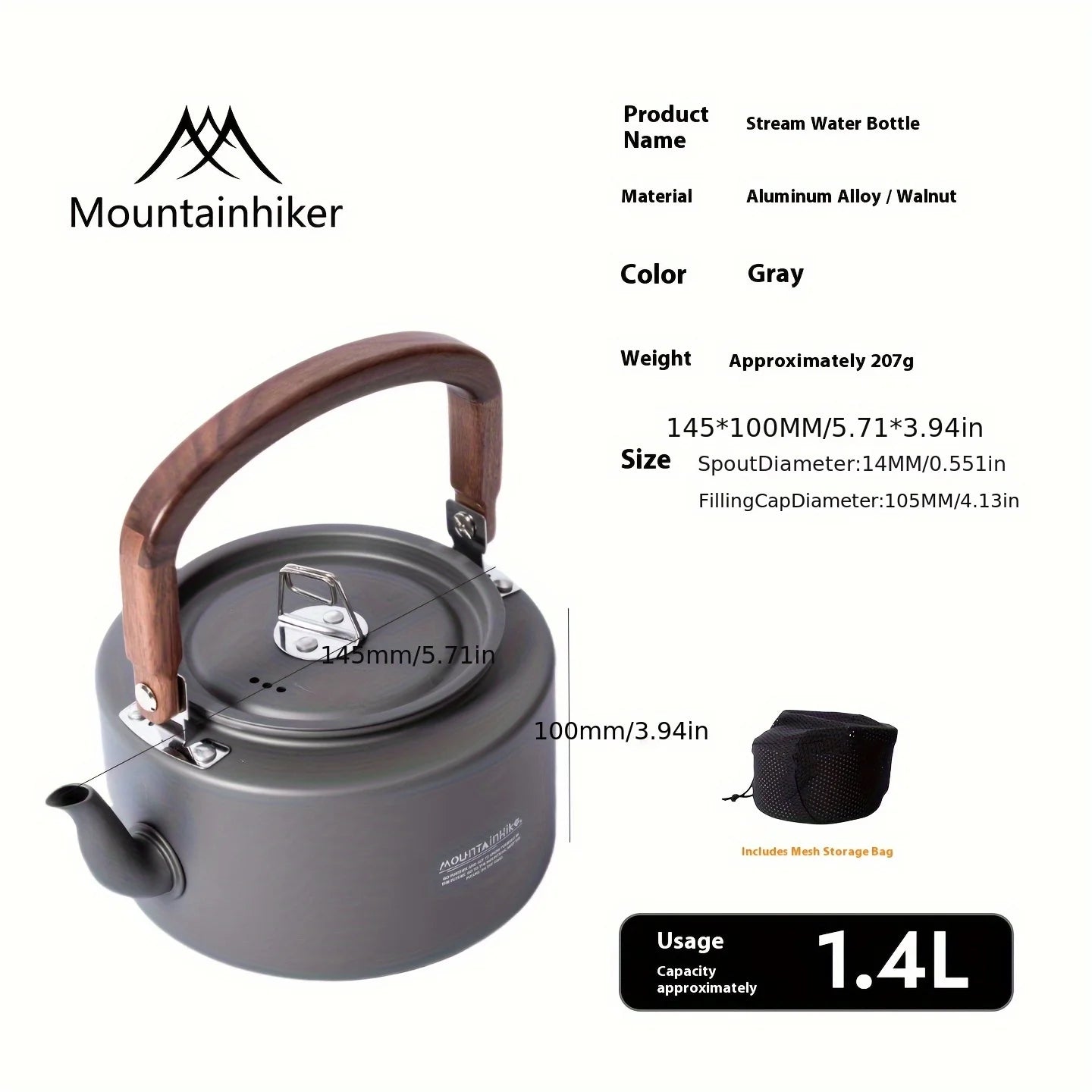Portable Aluminum Camping Kettle with Wooden Handle, Outdoor Tea Kettle for Hiking & Backpacking