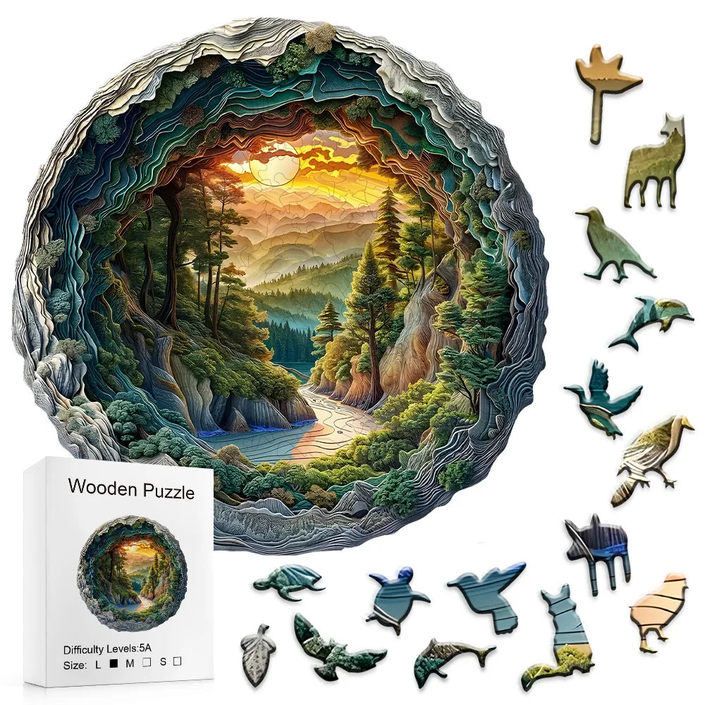 Wooden Jigsaw Puzzle for Adults, Winter Forest River Sunset, Flat 3D Visual Effect
