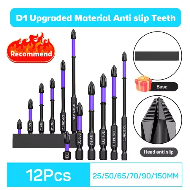 6/12-Piece Magnetic Impact Screwdriver Bit Set — Non-Slip Shockproof Phillips Torsion Bits, 1/4 in (6.35 mm) Hex Shank, Alloy Steel