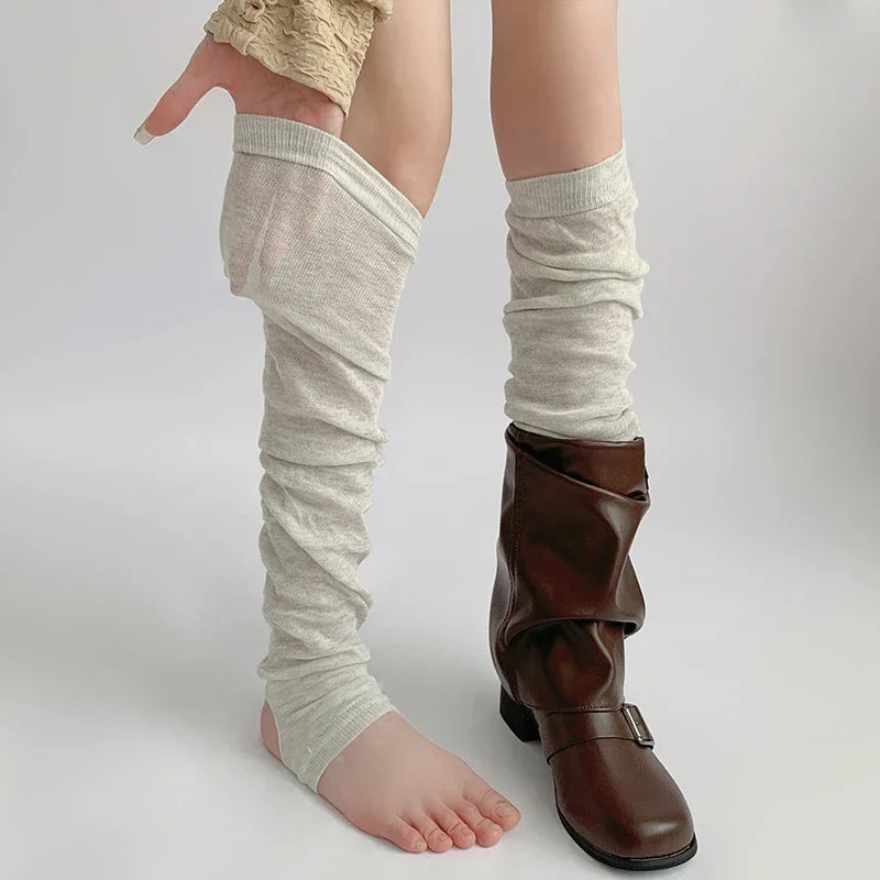 Women's Gray Knit Calf Leg Warmers - Cotton-Blend Ballet Pile Socks for Autumn