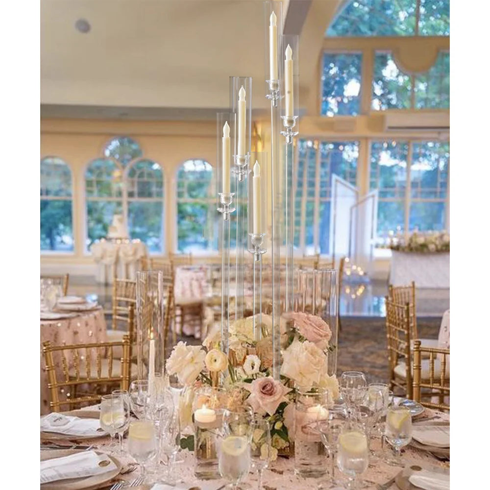10-Pack Clear Acrylic 5-Arm Floor Candelabra 45.7in (116cm) – Wedding Table & Ceremony Centerpiece Candlestick Holder (LED Taper Compatible)