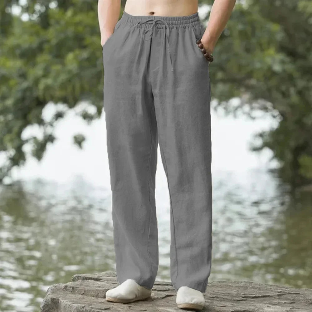 Men's Summer Cotton-Linen Oversized Wide Leg Pants Elastic Waist Casual Ankle-Length