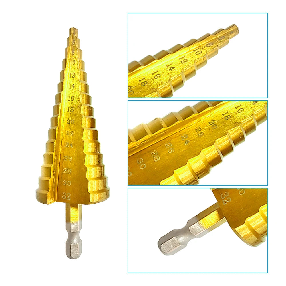 Titanium Plated Step Drill Bit Set Hex Shank Straight Groove — 3–32mm (0.12–1.26 in)
