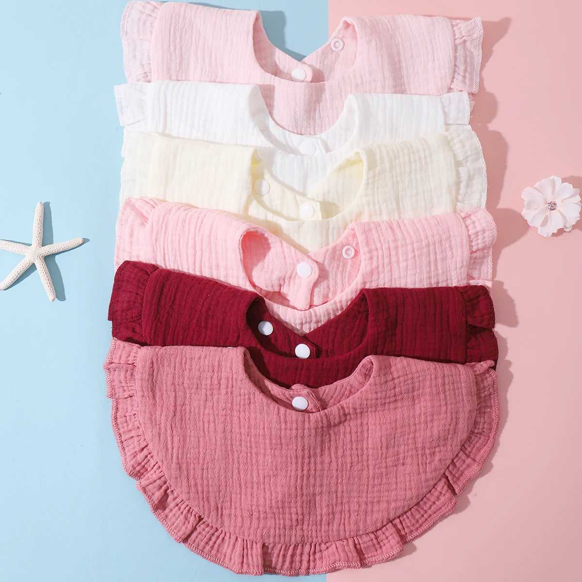 3-Pack Cotton Ruffle Bandana Baby Bibs, Infant & Toddler Burp Cloths Drool Saliva Towels, Solid Colors