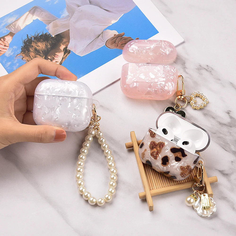 Leopard Pearl Keychain Silicone Case for AirPods Pro & AirPods - Shockproof TPU Soft Cover (USB-C Compatible)