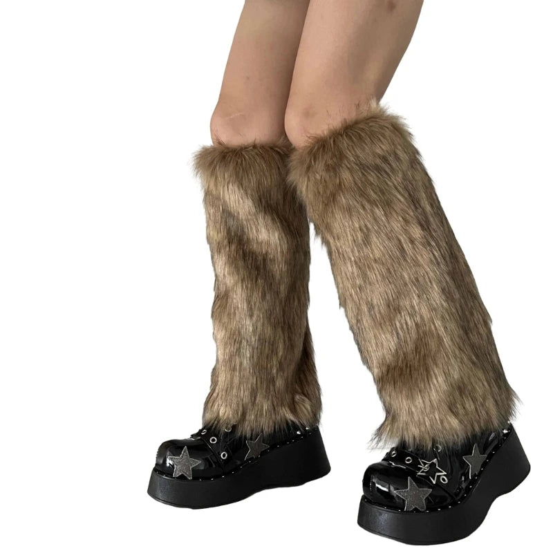 Faux Fur Leg Warmers Knee-High Boot Covers – Plush Y2K Goth Punk Warm Socks