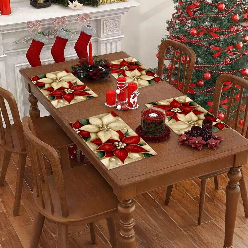 Linen Christmas Tree Placemats – Holiday Rectangle Table Mats for Kitchen & Dining, Navidad Noel