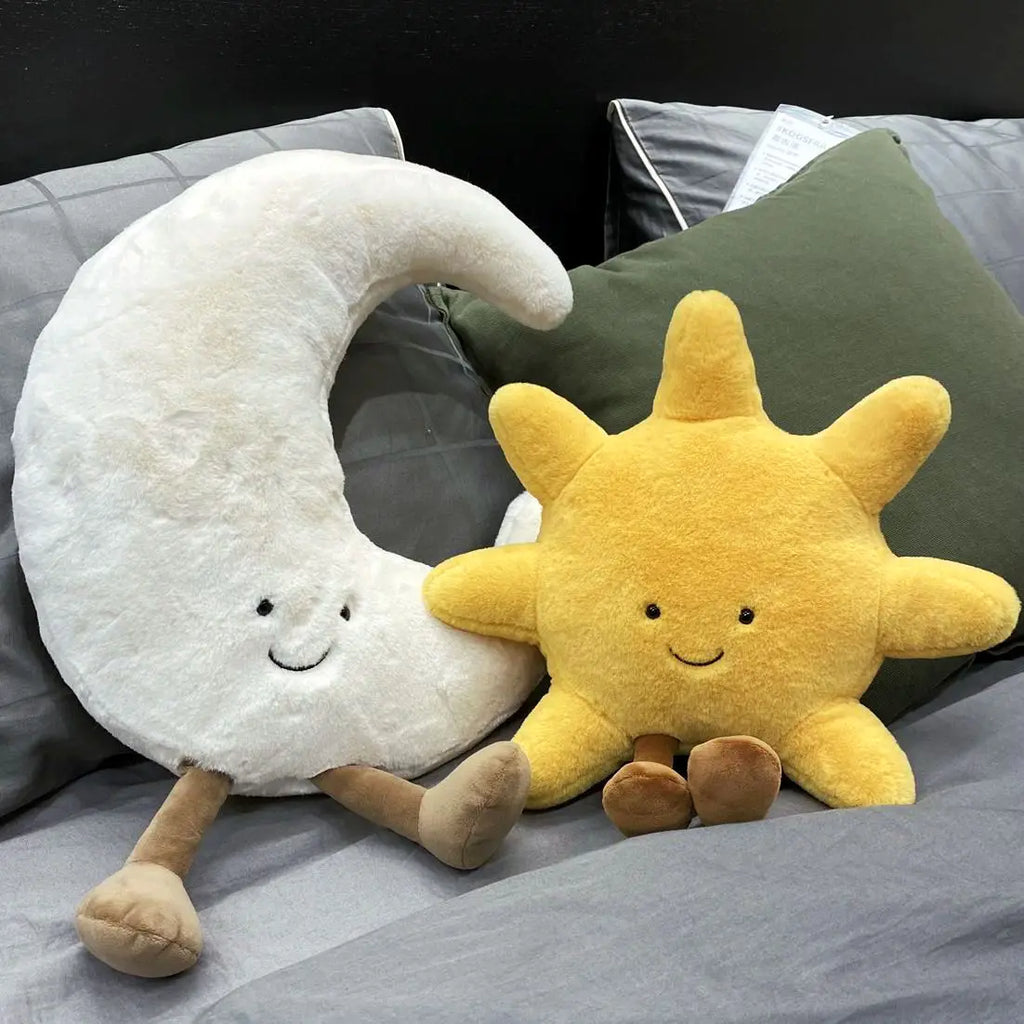 Smiling Sun & Moon Plush Pillow Set – Cute Cartoon Weather Plushies, Sun 14 in / 20 in (35/50 cm) & Moon 12 in / 19 in (30/48 cm)