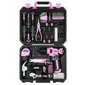 126-Piece Cordless Power Tool Combo Kit — 8V Drill with 10mm (3/8 in) Keyless Chuck, Home DIY Hand Tool Set (Pink/Yellow)