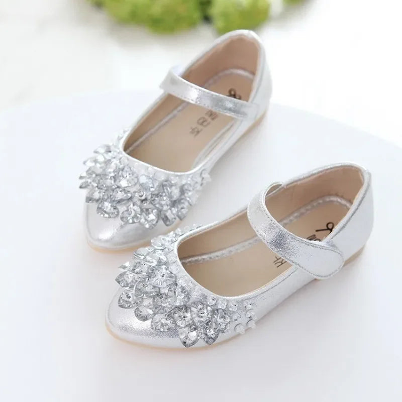 Girls Crystal Princess Flats – Shiny PU Leather Party & Wedding Shoes for Kids, EU Sizes 26-36 (Gold Pink Silver)