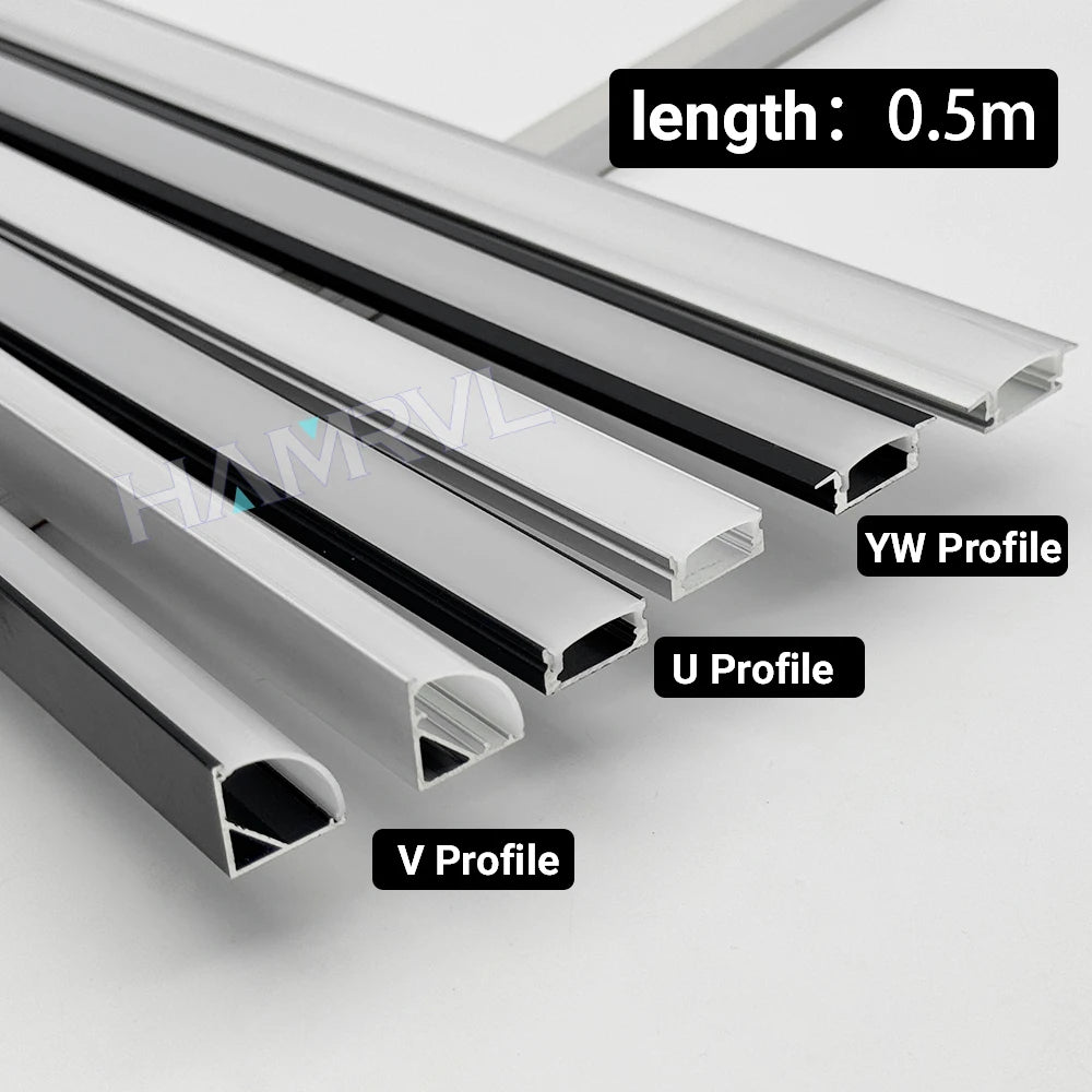 0.5m LED Aluminum Channel Kit 16x16mm - U/V/Y/W Profiles, Black or Silver, 2–30 Pack