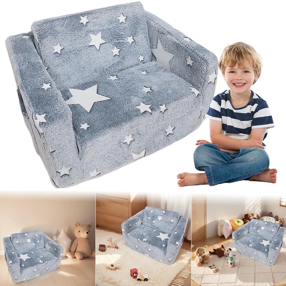 Glow-in-the-Dark 2-in-1 Toddler Sofa Chair Fold-Out Plush Kids Couch for Playroom & Bedroom