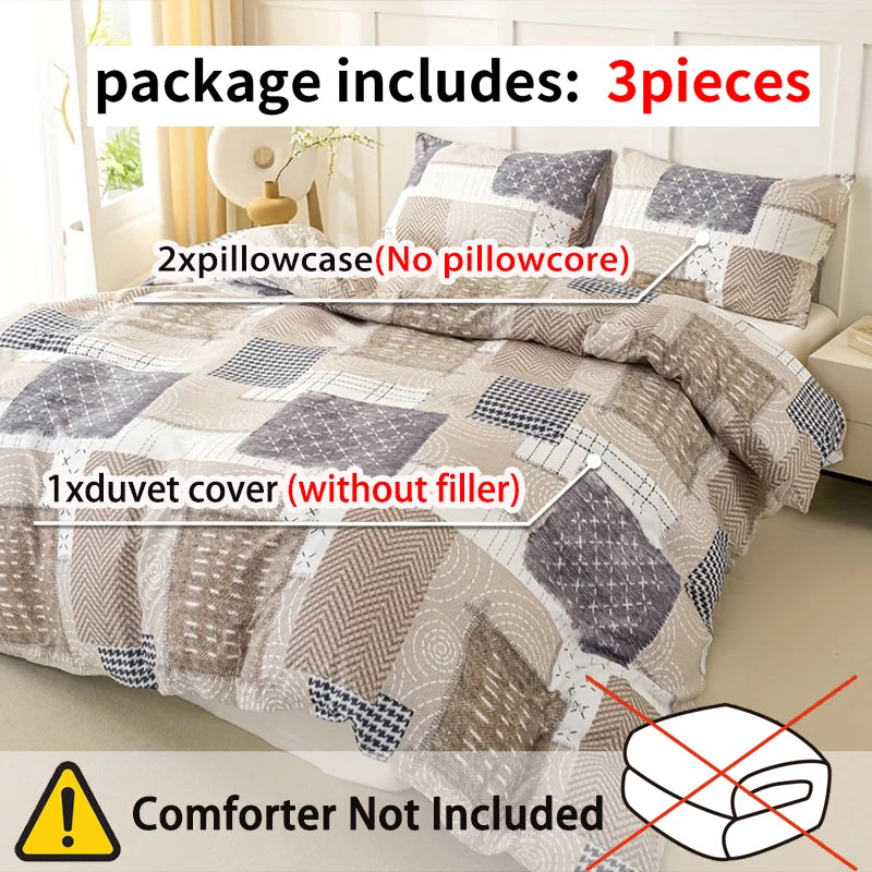 3-Piece Patchwork Print Duvet Cover Set — Soft Skin-Friendly Polyester Bedding (1.0–2.0 m | 3.3–6.6 ft)