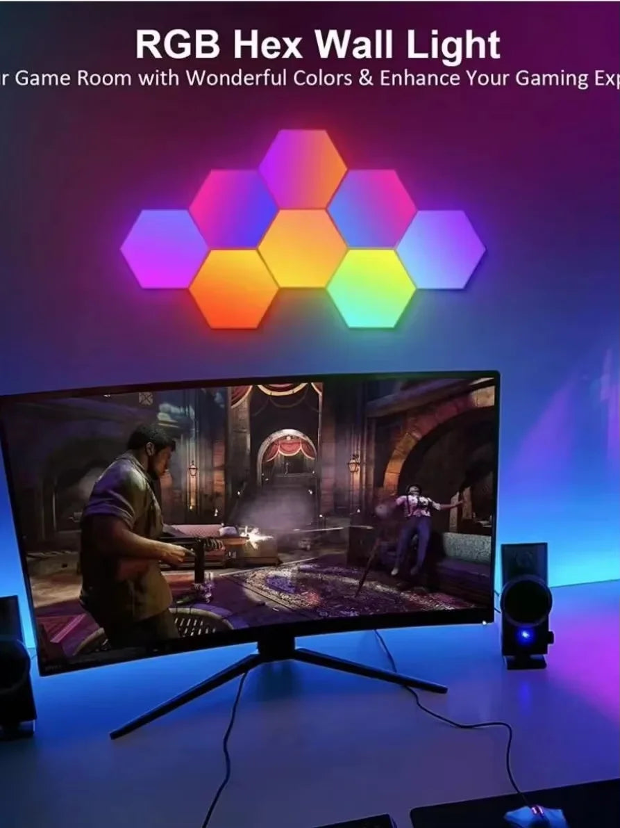 RGB Hexagonal Smart Wall Lamp – DIY Color-Changing Ambient Night Light with Music Sync & App Control for Game Room and Bedroom