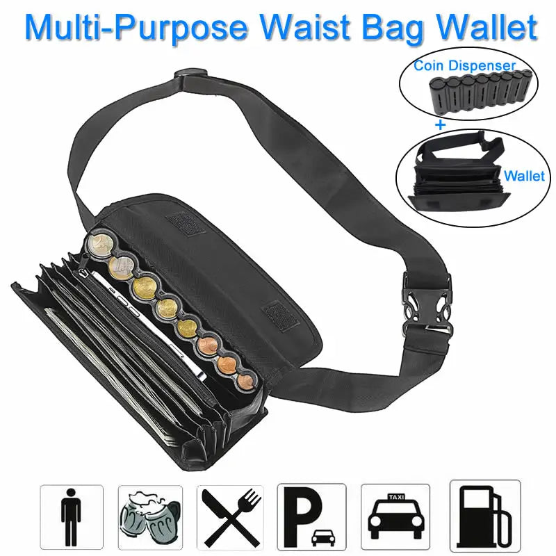 Multi-Pocket Waist Cash Bag with Euro Coin Dispenser Waiter & Cashier Coin Organizer