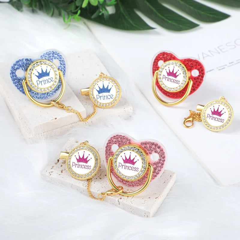 Rhinestone Pacifier Clip with Lid Silicone Newborn Pacifier Holder Princess Crown Bling Infant Shower Gift