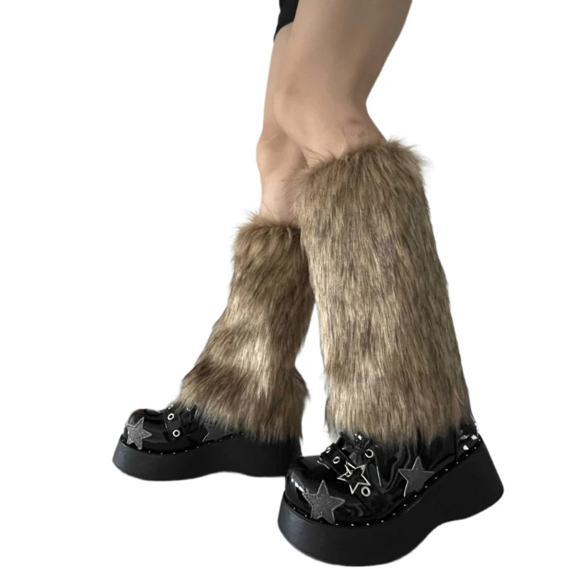 Faux Fur Leg Warmers Knee-High Boot Covers – Plush Y2K Goth Punk Warm Socks