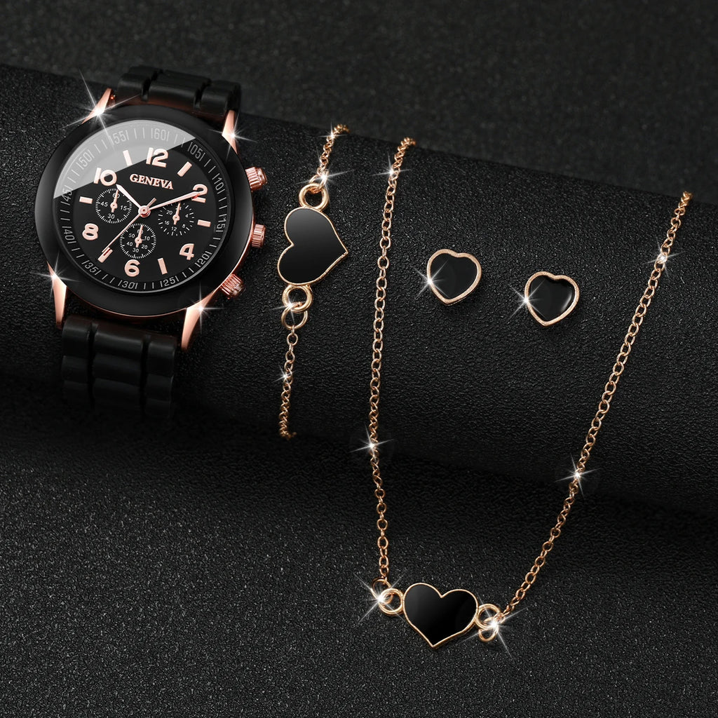 5/6-Piece Women's Quartz Watch & Jewelry Gift Set - Silicone Band, 38mm (1.50 in)