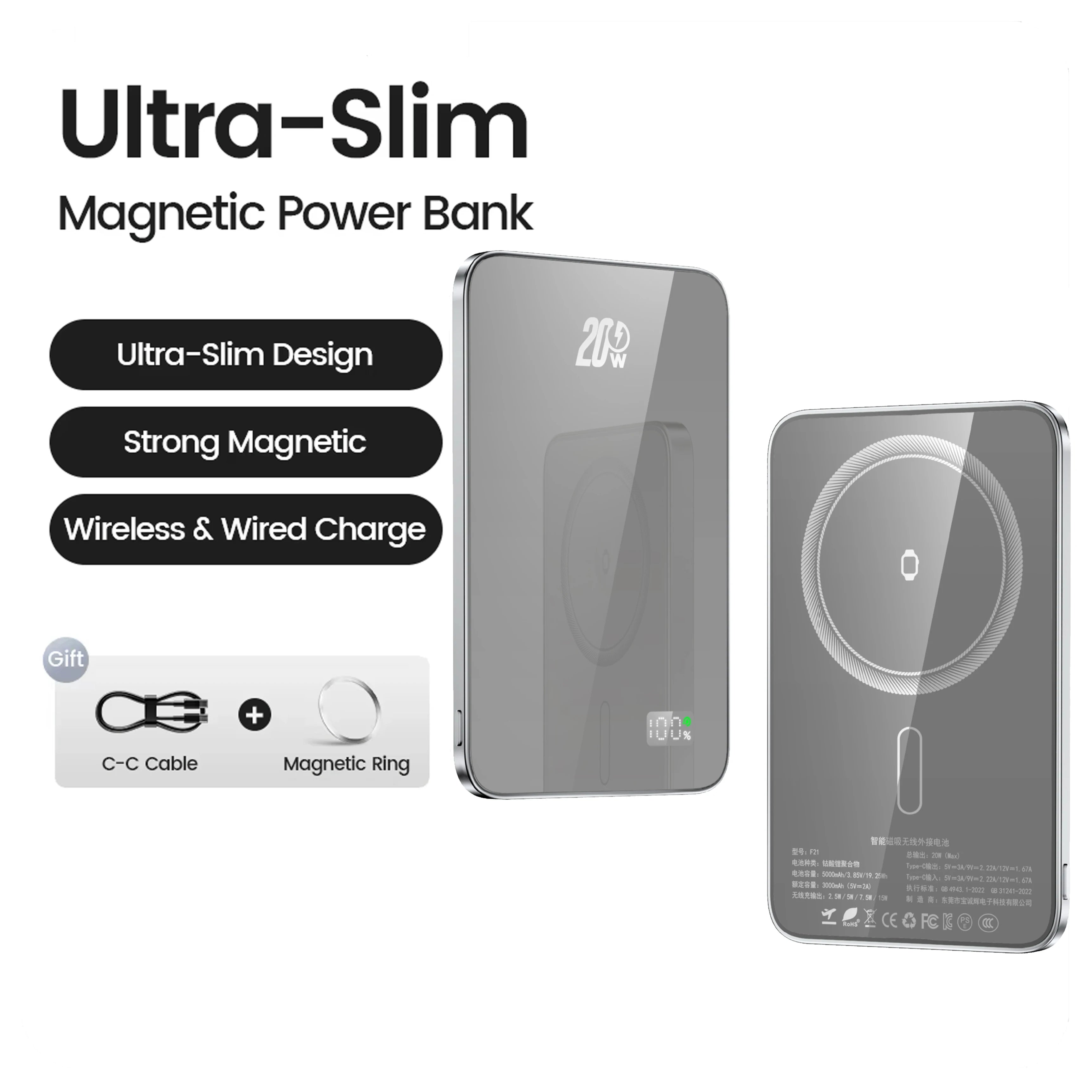 Magnetic 10,000mAh 20W Wireless Power Bank — MagSafe-Compatible Slim USB-C Portable Charger for iPhone, Apple Watch & Samsung