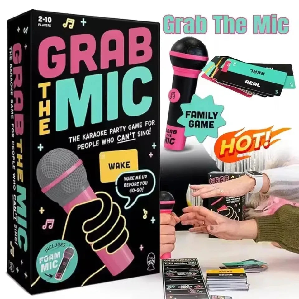 Grab The Mic Karaoke Party Game – 2–10 Players, 125 Lyric Cards & Foam Microphone, Family Birthday Party Game