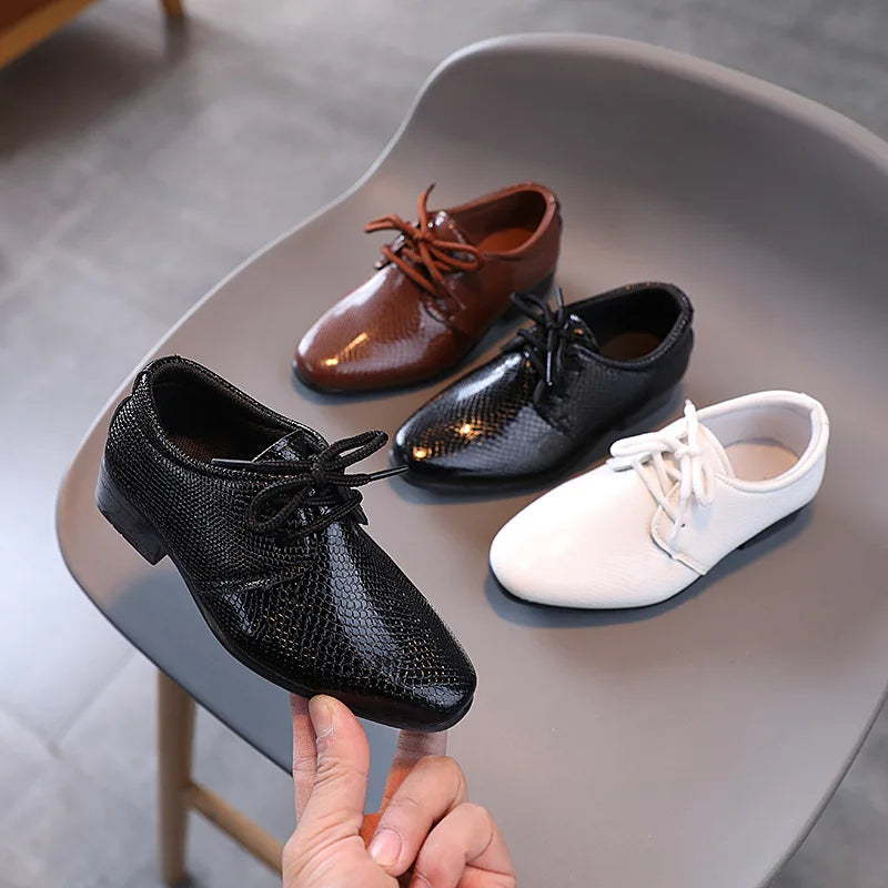 Boys Black and White PU Leather School Shoes – Lace-Up Formal Flats for Uniform, Performance and Casual Wear
