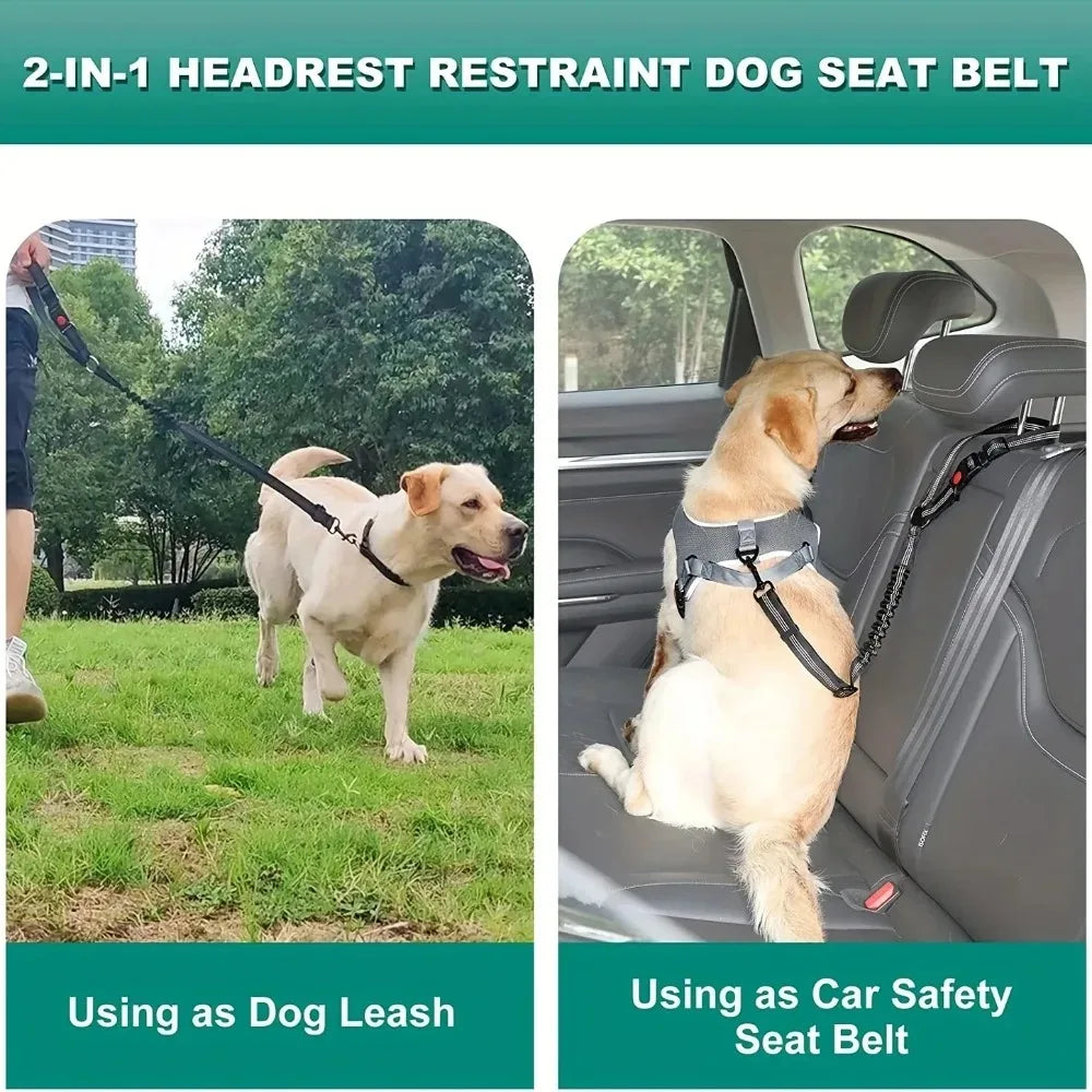 Reflective 2-in-1 Pet Car Seat Belt & Adjustable Nylon Dog Leash - Durable Safety Strap for Small to Large Dogs