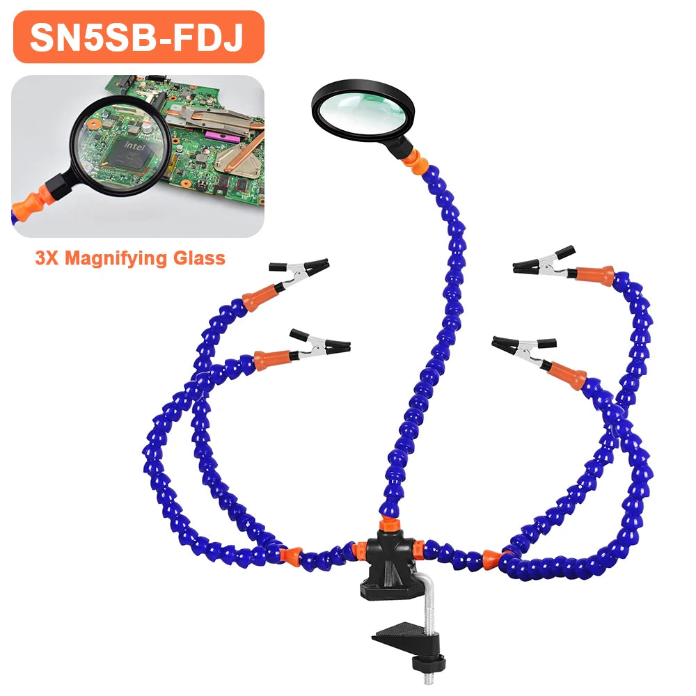 Soldering Helping Hand 3X Magnifier PCB Holder – Soldering Station with 5 Flexible Arms, Alligator Clips & Desk Clamp