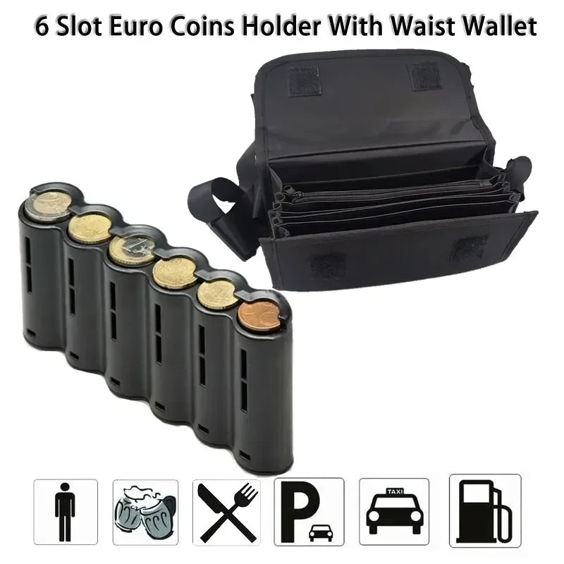 6-Slot Euro Coin Dispenser Waist Wallet – Waiter & Driver Cash Coin Holder with Zipper Pocket