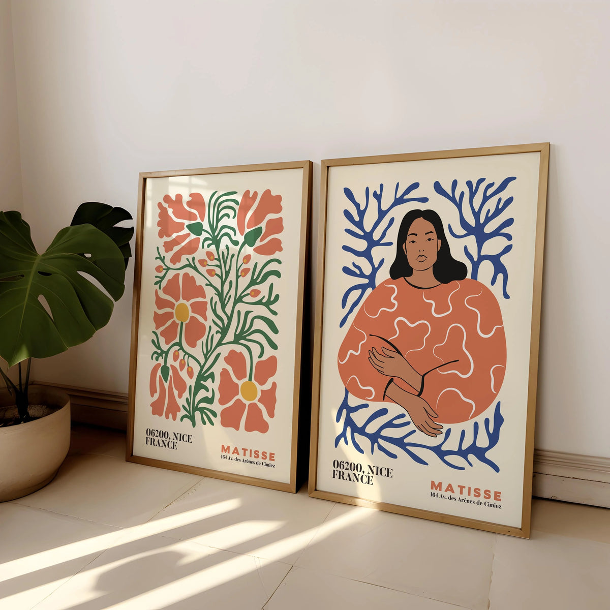 2-Piece Frameless Matisse Floral Canvas Prints - Bohemian Mid-Century Modern Wall Art for Bedroom & Living Room
