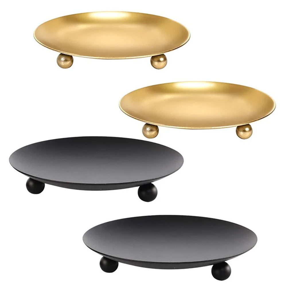 Iron Plate Candle Holder – Decorative Pillar & Votive Candlestick Pedestal, Gold/Black, 2 Sizes (7x7x1.5 cm / 2.8x2.8x0.6 in; 11x11x1.7 cm / 4.3x4.3x0.7 in)